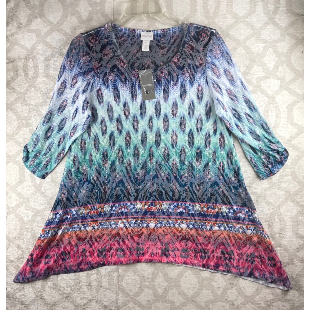 Chico's Batik Mix Brande Tunic Women 0 Small Multicolor ikat Sharkbite Top Rayon